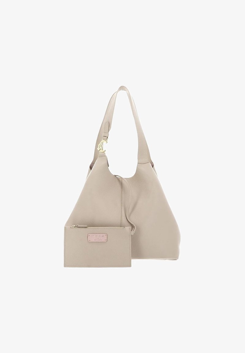 Borsa hobo in pelle beige con una tracolla singola, dettagli in metallo dorato e una pochette beige coordinata con cerniera sul davanti.