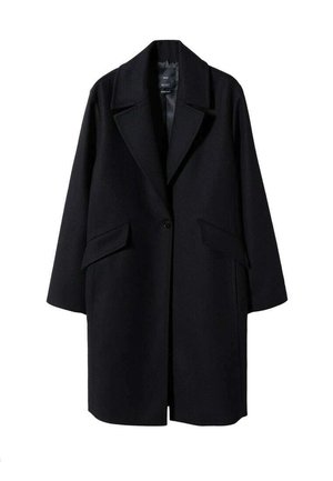 Manteau en laine noir à simple boutonnage avec larges revers, manches longues, deux poches devant à rabat, et fermeture à boutons au centre.