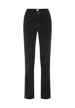 Pantalon en velours côtelé noir avec une coupe droite, doté de deux poches avant, d'une fermeture à un bouton et d'un tissu texturé.