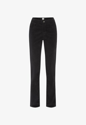Black corduroy pants with a straight leg design, featuring two front pockets, a single button closure, and a textured fabric.