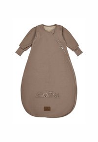 Brown cotton baby sleep sack with long sleeves, featuring a side zipper and embroidered animal faces at the bottom. Soft, textured material.