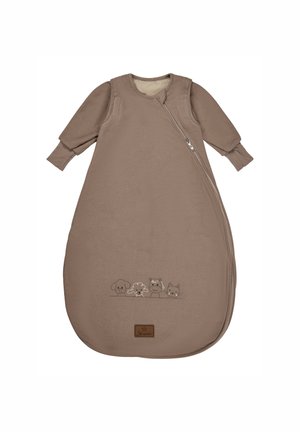 Brauner Baumwoll-Schlafsack für Babys mit langen Ärmeln, ausgestattet mit einem Seitenreißverschluss und gestickten Tiergesichtern am unteren Ende. Weiches, strukturiertes Material.