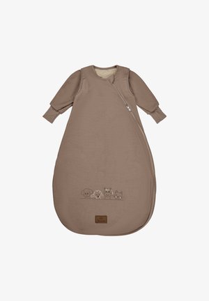 Brauner Baumwoll-Schlafsack für Babys mit langen Ärmeln, ausgestattet mit einem Seitenreißverschluss und gestickten Tiergesichtern am unteren Ende. Weiches, strukturiertes Material.