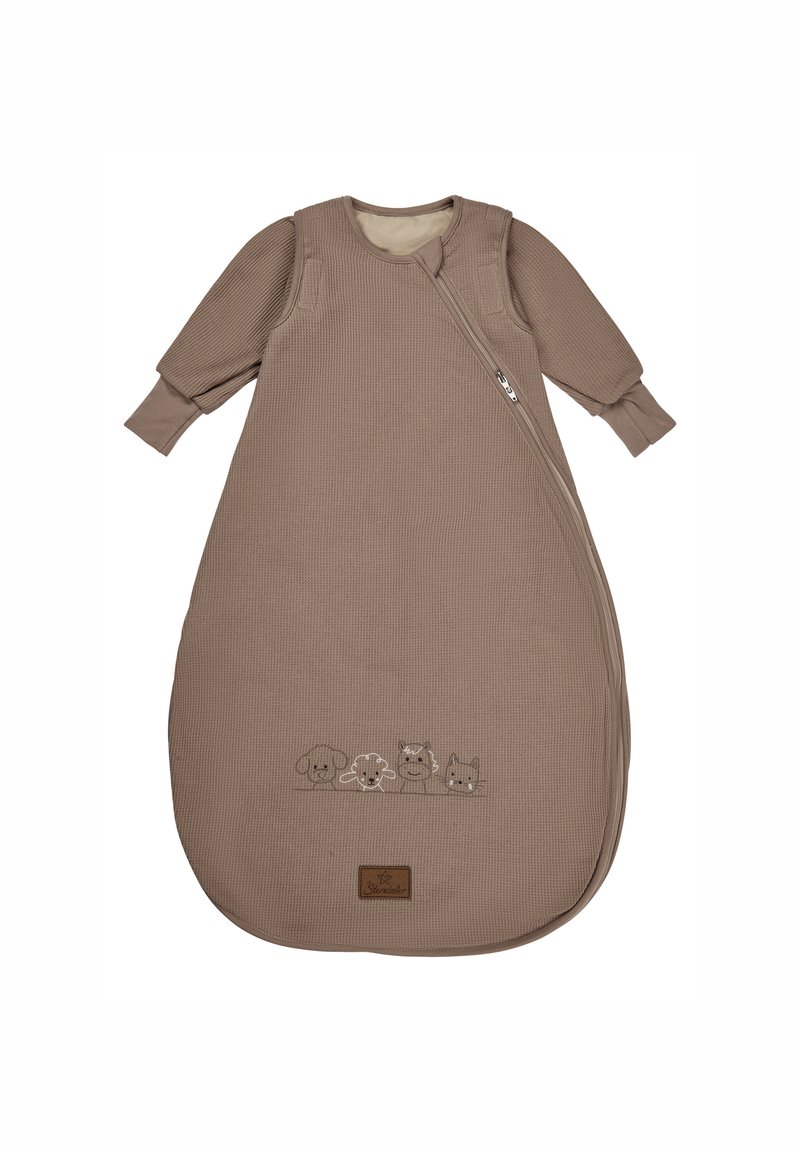Brown cotton baby sleep sack with long sleeves, featuring a side zipper and embroidered animal faces at the bottom. Soft, textured material.