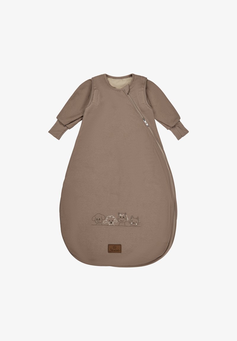 Brown cotton baby sleep sack with long sleeves, featuring a side zipper and embroidered animal faces at the bottom. Soft, textured material.