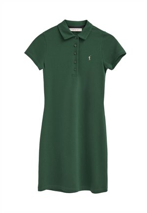 Robe polo à manches courtes vert foncé avec col, cinq boutons et petit logo brodé sur le côté gauche de la poitrine.