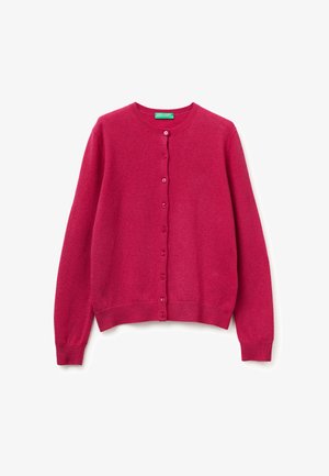 Fuchsia knit cardigan with a round neck, button front, long sleeves, and ribbed hem. Features matching buttons down the front.