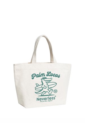 White canvas tote bag with green cartoon alligator carrying a surfboard and the text "Palm Locos" and "Neverless See you later, alligator!"