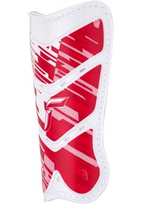 Red and white shin guard with a contoured design, textured surface, and graphic patterns. Features reinforced sections and stitching details.