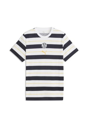 Hvid t-shirt med korte ærmer med brede sorte vandrette striber, tynde gule linjer, rund hals og to logoer på brystet.