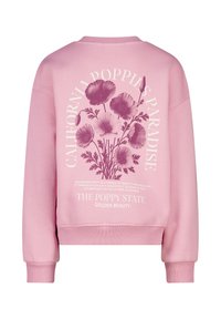 Sudadera rosa de cuello redondo, con un gráfico floral púrpura y texto en la parte trasera. Puños y dobladillo de canalé. Textura de tela suave.