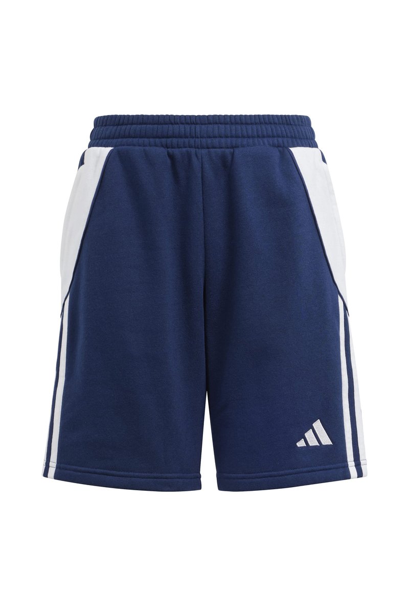 Navy blue athletic shorts with white side panels, elastic waistband, and Adidas logo on the lower leg. Soft cotton blend material.