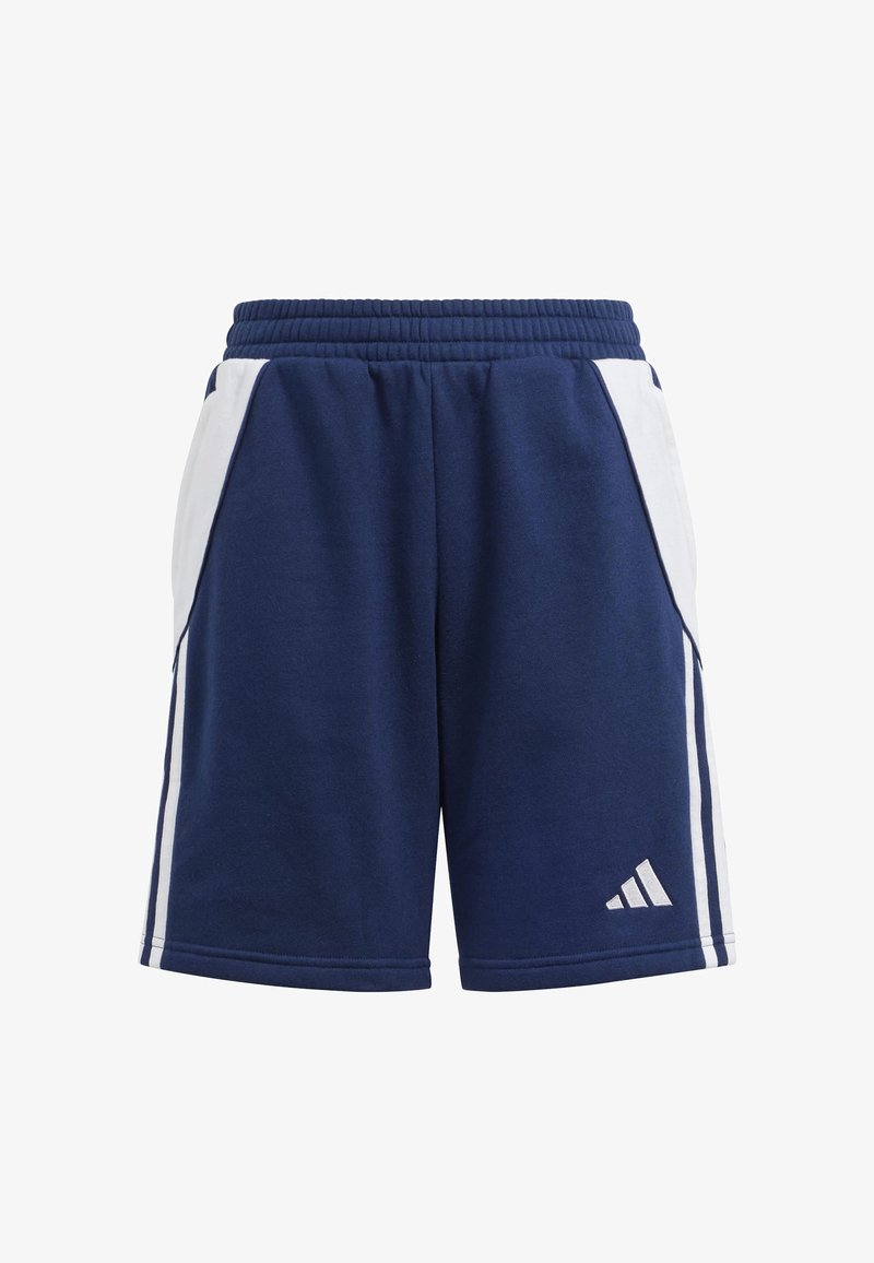 Tume sinised spordilühikesed püksid valgete külgpaneelidega, elastse vöökoha ja Adidas logo alumisel säärel. Pehme puuvilla segu materjal.