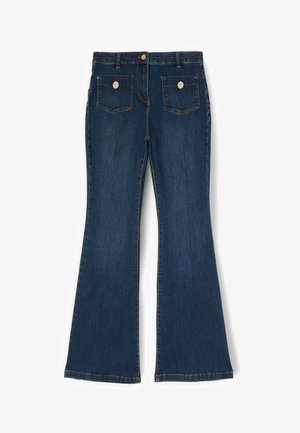 Ciemnoniebieskie dzwony dżinsowe z przednim guzikiem, zamkiem błyskawicznym, dwoma przednimi kieszeniami z guzikami oraz szlufkami na pasek.