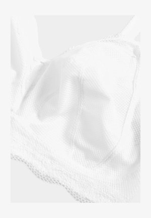 Soutien-gorge blanc en tissu maillé texturé, avec une bordure en dentelle le long du bas et des coutures lisses pour un design sans couture.