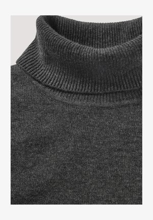 Grauer Rollkragenpullover aus einem gerippten, strukturierten Stoff. Der Kragen ist umgeschlagen und passt eng am Hals, mit einem weichen, gestrickten Design.