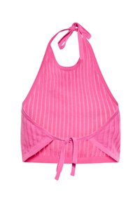 Top corto rosa a halter con texture a coste, spalline annodate e un taglio stiloso. Presenta un colore uniforme senza motivi o dettagli aggiuntivi.