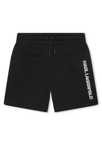 Schwarze Baumwollshorts mit einem Kordelzugbund, zwei vorderen Taschen und einem weißen Logo, das auf der linken Seite aufgedruckt ist. Normale Passform, glatte Textur.