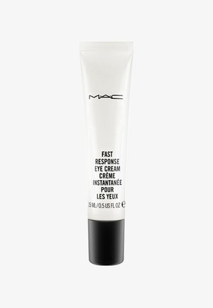 Tube blanc de crème pour les yeux MAC Fast Response avec un capuchon noir. Présente un texte noir sur le tube, indiquant le nom du produit et le volume (15 mL).