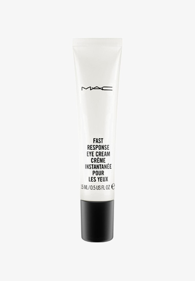 Tube blanc de crème pour les yeux MAC Fast Response avec un capuchon noir. Présente un texte noir sur le tube, indiquant le nom du produit et le volume (15 mL).