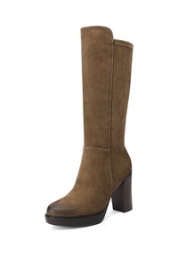 Stivale al ginocchio in suede marrone con tacco chunky, punta rotonda e cuciture a contrasto. Vamp in finitura liscia e parte superiore testurizzata.