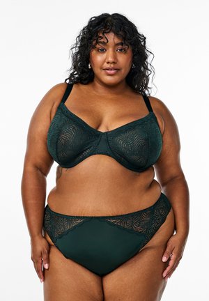 Dark green lace lingerie set featuring a bra with a floral pattern and smooth underband, paired with matching lace-trimmed hipster panties.
