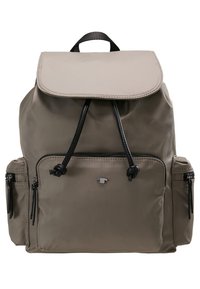 Vaaleanbeige reppu, jossa on edessä vetoketjullinen tasku, mustat hihnat ja läppäkiinnitys. Sisältää sivuvetoketjutaskuja ja sileää, vettä hylkivää kangasta.