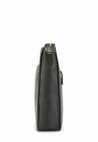 Szara skórzana torebka o kamienistej fakturze, o wyraźnym kształcie, z zamknięciem na górze za pomocą zamka błyskawicznego, złotymi akcentami oraz bocznymi uchwytami.