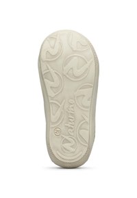 Suola di scarpa in gomma, color crema, con una superficie a strati e un motivo circolare, decorata con un logo e il numero "20" in rilievo.