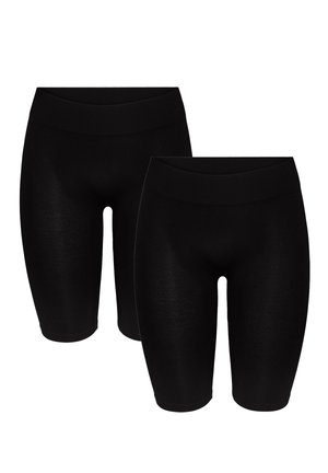 Two pairs of black, knee-length seamless biker shorts with wide elastic waistbands shown against a white background.