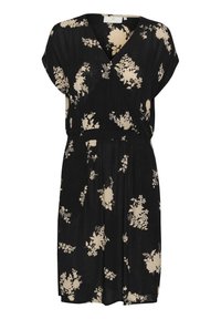 Zwart knielang jurkje met beige bloemenprints, korte mouwen, V-hals en elastische taille.