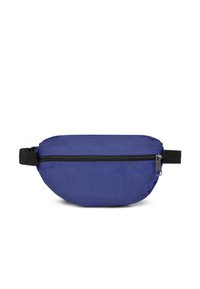 Modrý látkový ledvinka s černým zipem a nastavitelným černým popruhem. Zaoblený tvar s hladkým povrchem a bez viditelných vzorů.