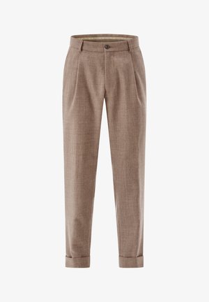 Brown wool blend trousers with a textured finish, featuring pleats, a single button closure, and rolled cuffs.