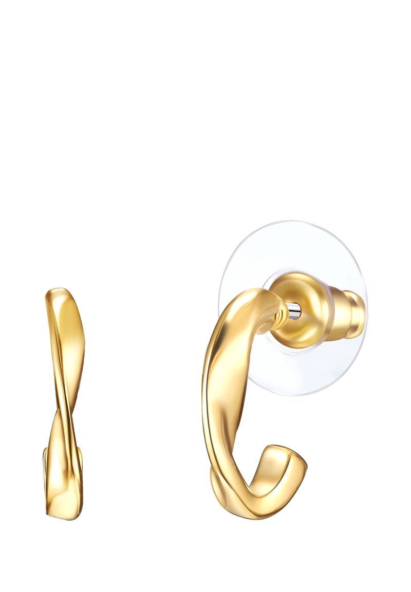 Guld-färgad krokdesign med en avlång, vriden form; fäst vid en transparent sugbas för montering. Slät metallfinish utan synliga mönster.