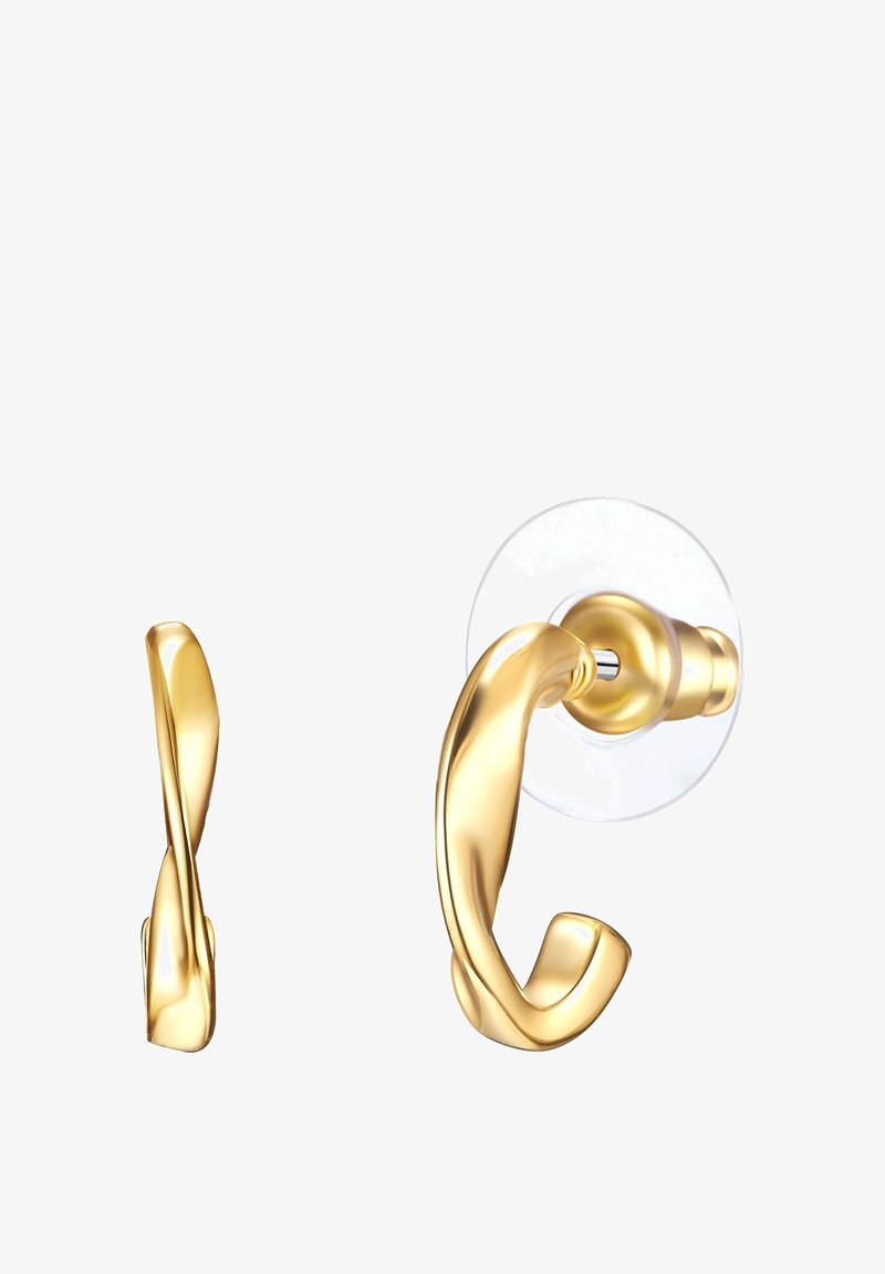 Guld-färgad krokdesign med en avlång, vriden form; fäst vid en transparent sugbas för montering. Slät metallfinish utan synliga mönster.