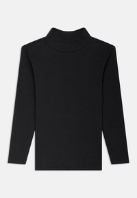 Μαύρο τοπ με μακρύ μανίκι και ζιβάγκο, με πλεκτή υφή, εφαρμοστή γραμμή, μονόχρωμο χωρίς σχέδια ή διακοσμητικά, από ελαφρύ ύφασμα.