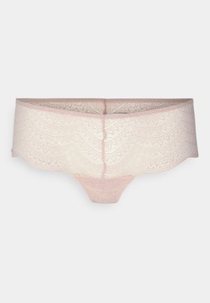 Lace hipster underwear in light pink, featuring a geometric pattern, scalloped edges, and a soft, sheer texture.