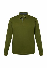 Långärmad polo skjorta i mörkgrön bomullsblandning, med krage och treknappsslå. Diskret logotypdetalj på bröstet.