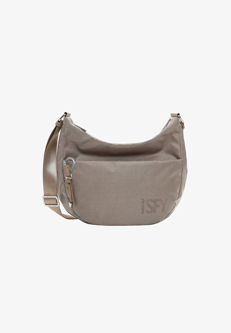 Borsa a spalla in tessuto beige con superficie testurizzata, forma curva, tracolla regolabile e tasca frontale con chiusura a zip.