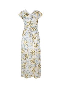 Robe longue blanche avec motif floral jaune et bleu sarcelle, manches courtes, col en V et ceinture à nouer à la taille.