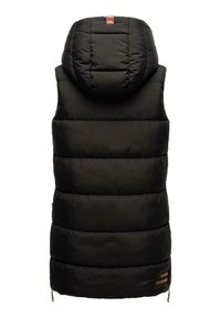 Black puffer vest with an attached hood, featuring horizontal quilted design, smooth texture, and brown accent details at the hem.