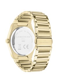 Orologio in acciaio inossidabile dorato con cassa esagonale, retro argentato liscio e bracciale a maglie con finiture spazzolate e lucide.