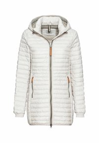 Gevoerde witte jas met een rits en capuchon. Beschikt over twee zijzakken met beige accenten en ribgebreide manchetten voor een perfecte pasvorm. Lichtgewicht ontwerp.