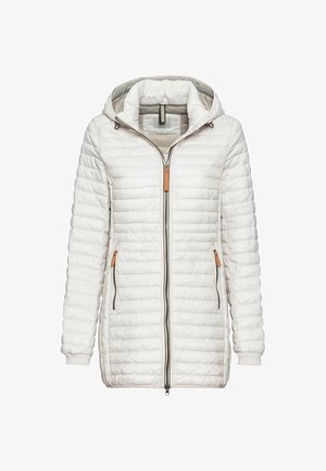 Gestepptes weißes Jacket mit Reißverschluss und Kapuze. Verfügt über zwei Seitentaschen mit beige Akzenten und gerippten Bündchen für eine enge Passform. Leichtes Design.