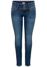 Smala jeans i mörkblå denim med en slät yta. Har en midjeresår med tre knappdetaljer och standard framfickor.