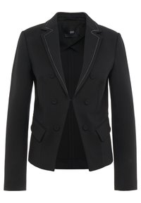 Černý dvouřadý blazer vyrobený z elastické látky, s klopovým límcem, bílými švy a dvěma předními kapsami.