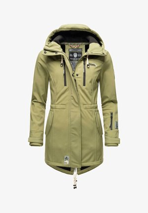 Olive green softshell jacket, with a lined hood, zippered pockets, and adjustable hem. Features a zip closure and accent stitching.