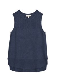 Top de punto sin mangas de color azul marino con un diseño de panel texturizado, cuello y dobladillo acanalados, y un corte relajado. Material suave con un acabado liso.