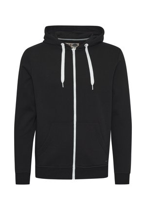 Sort zip-up hættejakke lavet af bomuld. Har hvide snore, to forlommer, ribbede manchetter og et enkelt design.