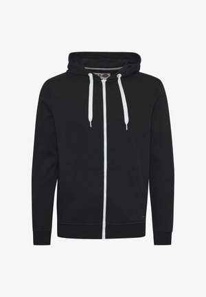 Black zip-up hoodie made of cotton. Features white drawstrings, two front pockets, ribbed cuffs, and a plain design.